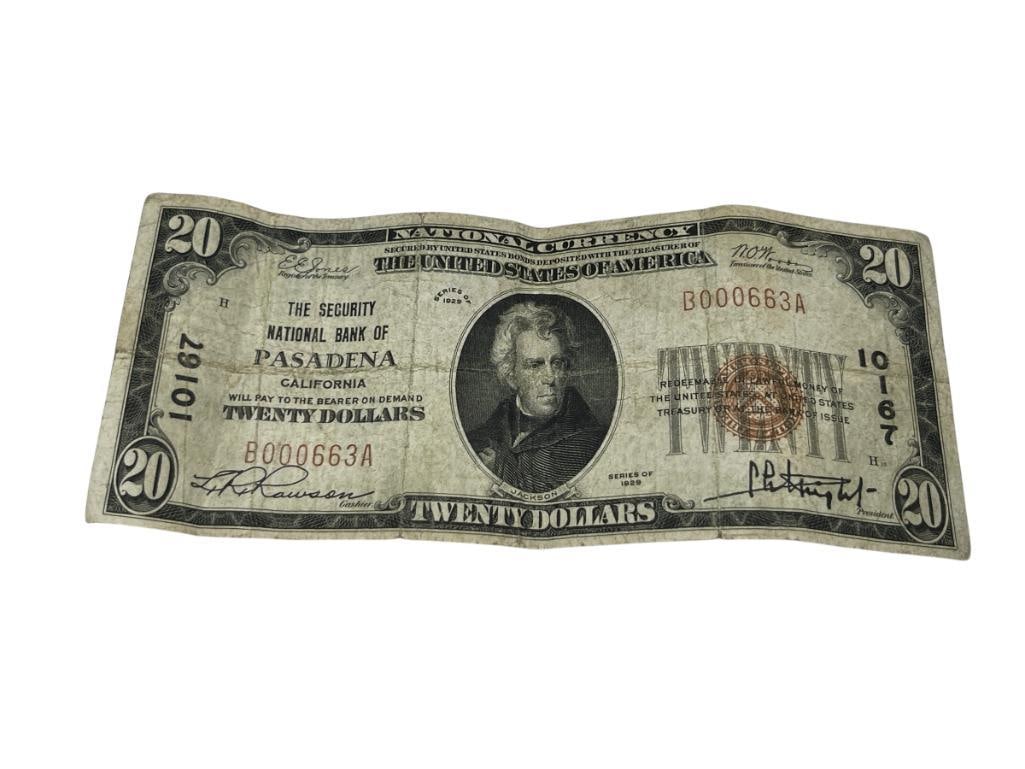 1929 U.S. JACKSON $20 CURRENCY NOTE NATIONAL BANK OF PASADENA (1 of 9)