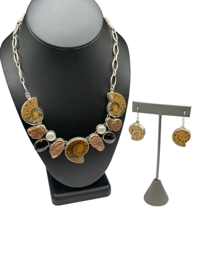 STERLING SILVER AMMONITE FOSSILS, SMOKY QUARTZ, AND COPPER NECKLACE AND EARRINGS SET (1 of 9)
