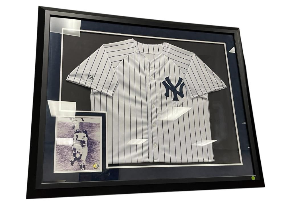 YOGI BERRA SIGNED NEW YORK YANKEES JERSEY: BERRA WAS POPULAR PROFESSIONAL BASEBALL PLAYER WHO ALSO TOOK ROLES OF MANAGER AND COACH, YOGI HAS WON 10 WORLD SERIES CHAMPIONSHIPS, MORE THAN ANY OTHER PLAYER IN MLB HISTORY, 1972 HALL OF FAME INDUCT