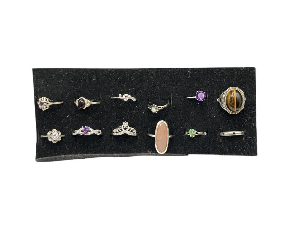 12 STERLING SILVER STONE RINGS INCLUDING TIGER'S EYE, AMETHYST, OPAL, AND MORE (1 of 8)