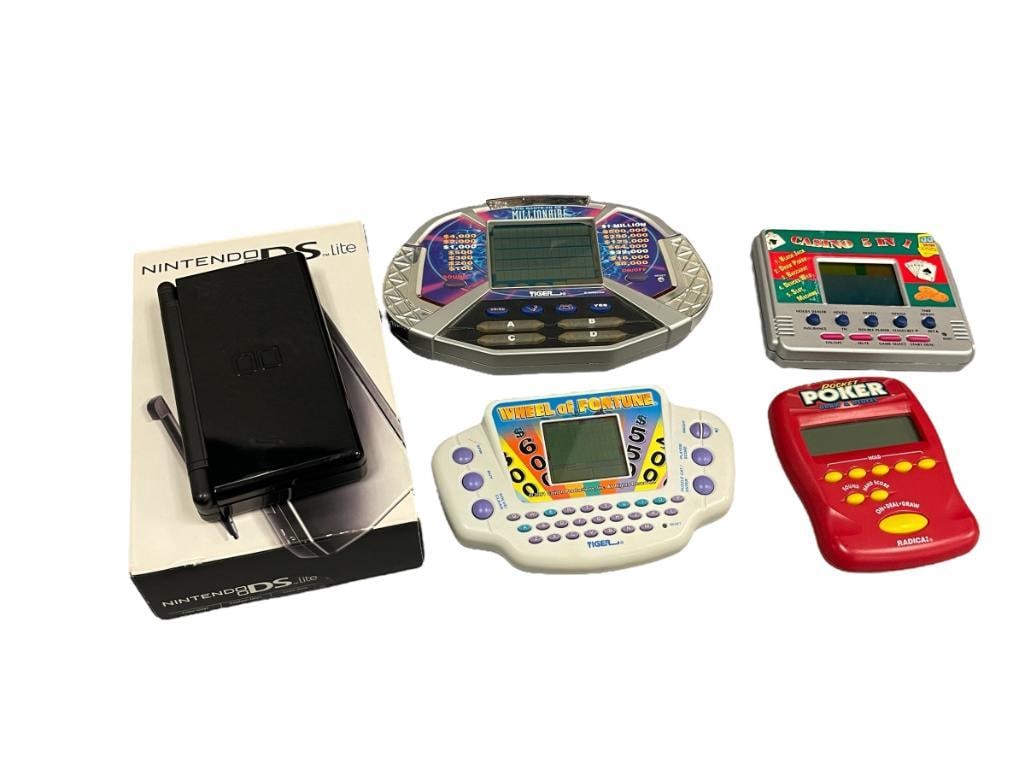 NINTENDO DS LITE HANDHELD GAMING SYSTEM MODEL USG-001: FEATURES DUAL TOUCHSCREEN, WIFI, INCLUDES ORIGINAL BOX, PLUS FOUR HAND HELD BATTERY POWERED GAMES, POCKET POKER, WHEEL OF FORTUNE, CASINO 5-IN-1, AND WHO WANTS TO BE A MILLIONAIRE