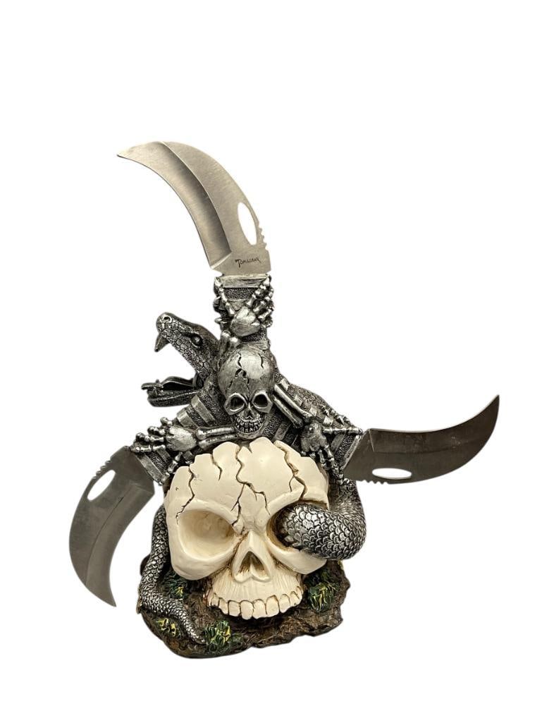 TOMAHAWK SKELETON THREE BLADE THROWING KNIFE WITH SNAKE AND SKULL STAND (1 of 9)