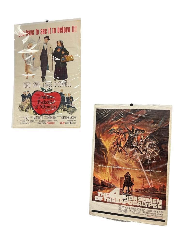 VINTAGE 1962 MOVIE POSTERS THE FOUR HORSEMEN OF THE APOCALYPSE AND POCKETFUL OF MIRACLES: THE FOUR HORSEMEN OF THE APOCALYPSE STARRING GLENN FORD, INGRID THULIN, CHARLES BOYER, POCKETFUL OF MIRACLES STARRING GLENN FORD, BETTE DAVIS, HOPE LANGE, UNITED-ARTISTS CORP, EACH POSTER IS UNFRAMED,