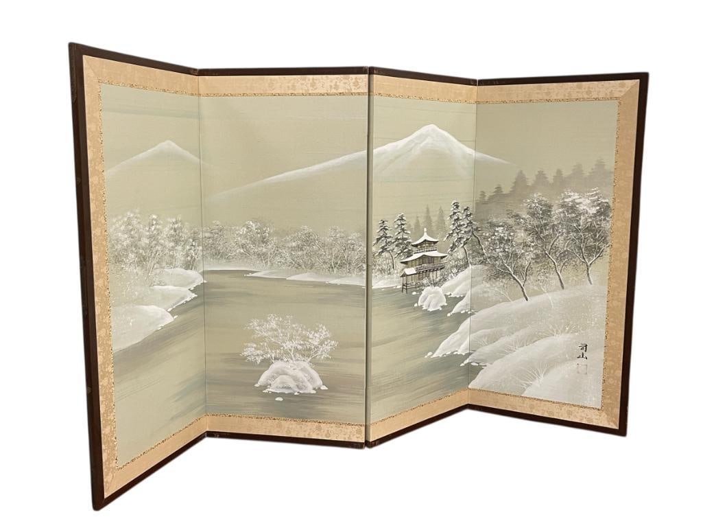 JAPANESE BYOBU FOUR PANEL WINTER SCENE PANEL WATERCOLOR ON SILK (1 of 9)