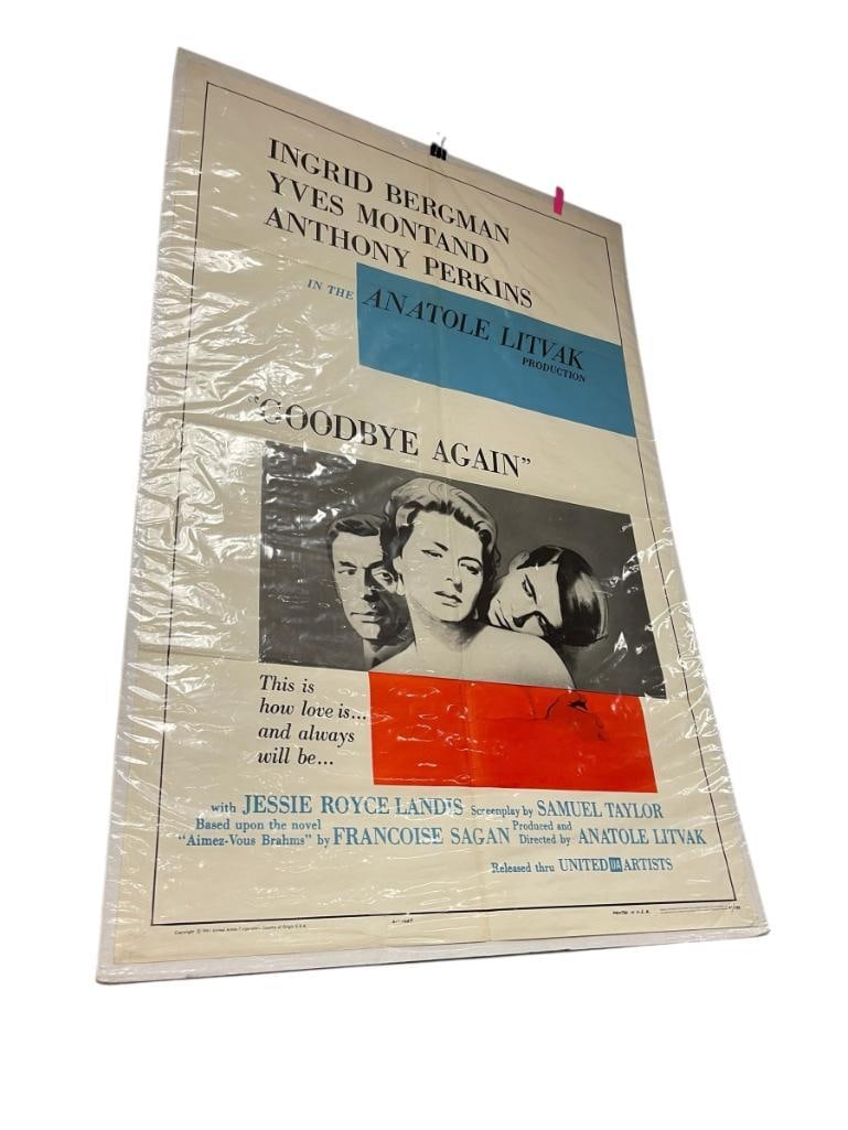 1961 ANATOLE LITVAK PRODUCTION GOODBYE AGAIN MOVIE POSTER STARRING INGRID BERGMAN, ANTHONY PERKINS: RELEASED THRU UNITED ARTIST CORP., POSTER SHOWS CREASES AND PIN HOLES IN THE CORNERS, UNFRAMED 27" X 41"