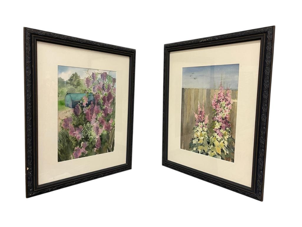 SIGNED ORIGINAL WATERCOLOR ON PAPER: EACH WATER COLOR IS OF FLOWERS, FLOWERS NEAR MAILBOX, AND FLOWERS NEAR FENCE, BOTH PANTINGS ARE SIGNED BY THE SAME ARTIST, FRAMED 18 1/2" X 22 1/2"