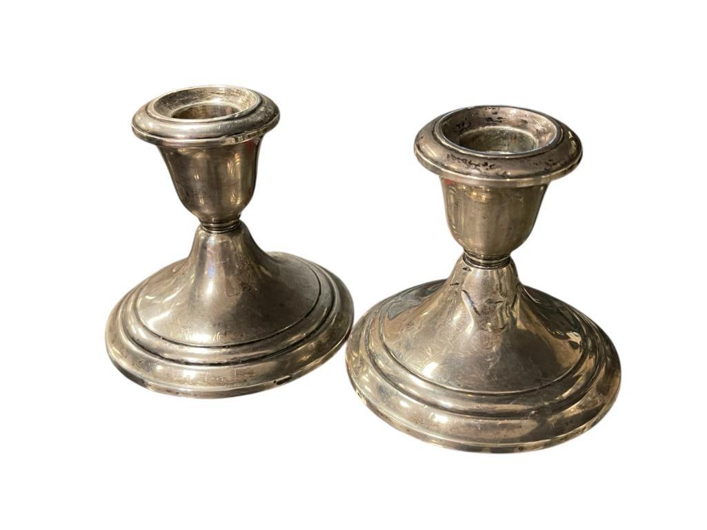 GORHAM 661 VINTAGE WEIGHTER STERLING SILVER ROUND CANDLESTICK HOLDERS: ONE CANDLESTICK HOLDERS HAS DENTS ALONG THE TOP PART OF THE BASE 3 1/2" H