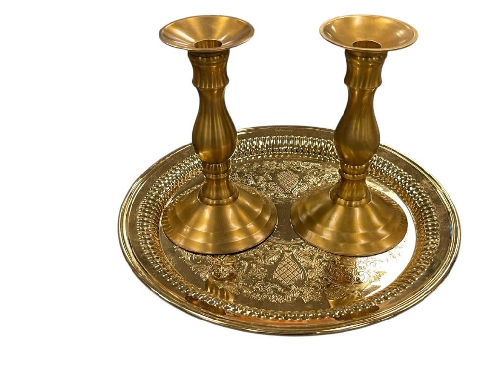 COMMONWEALTH SILVER CO. 24 KT GOLD PLATED TRAY AND PAIR OF WORLD MARKET BRASS CANDLESTICK HOLDERS: 12 1/2" TRAY, 7 1/2" CANDLESTICKS
