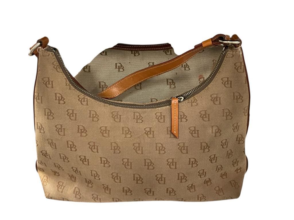 DOONEY AND BOURKE CLASSIC BROWN MONOGRAM CRESCENT AND SLOUCH HOBO SHOULDER BAG: CANVAS MONOGRAM WITH LEATHER TRIM, BOTH SHOW SIGNS OF USE 11" X 9 1/2" AND 14" X 4 1/2" X 9"