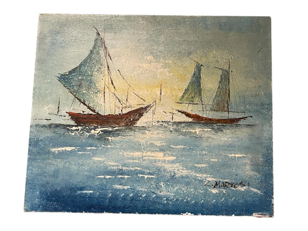 L. MARTOS IMPRESSIONIST ORIGINAL HEAVY ACRYLIC ON CANVAS OF SAILBOATS ON THE WATER: SIGNED LOWER RIGHT, ART DEPICTS TWO SAILING SHIPS ON THE WATER, SIGNED LOWER RIGHT, UNFRAMED, SHOWS WEAR ALONG THE EDGES 24" X 20"
