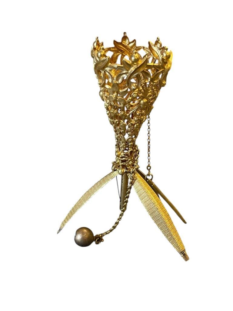 CIRCA 1860'S FRENCH PIERCED GILT METAL TUSSIE MUSSIE POSEY / POSY HOLDER CORNUCOPIA SHAPE (1 of 7)