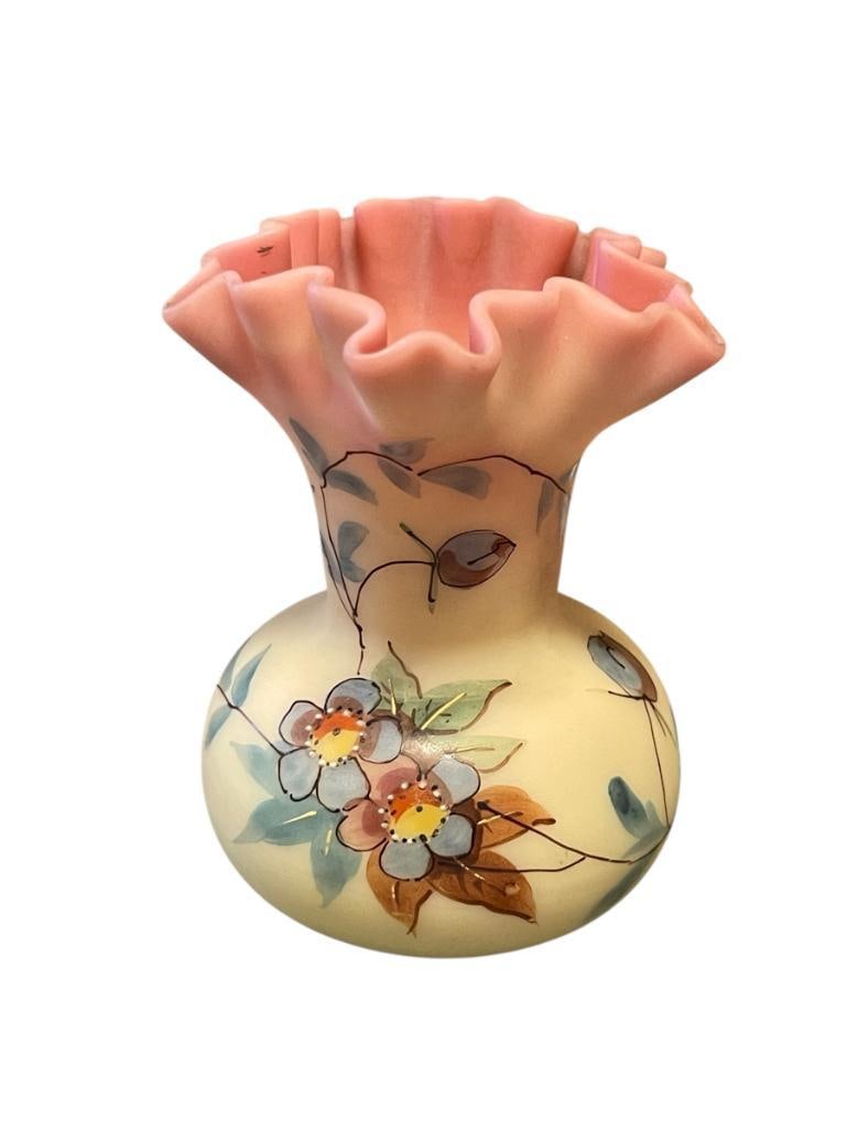 19TH CENTURY THOMAS WEBB & SONS BURMESE URANIUM GLASS HAWTHORNE VASE: THOMAS WEBB & SONS WAS A N ENGLISH GLASS COMPANY FOUNDED IN 1837, YELLOW TO SALMON COLORED VASE WITH CRIMPED RIM, HAND PAINTED FLORAL DESIGN, CIRCA 1890'S, GLOWS UNDER BLACK LIGHT, NO CRACKS OR CH