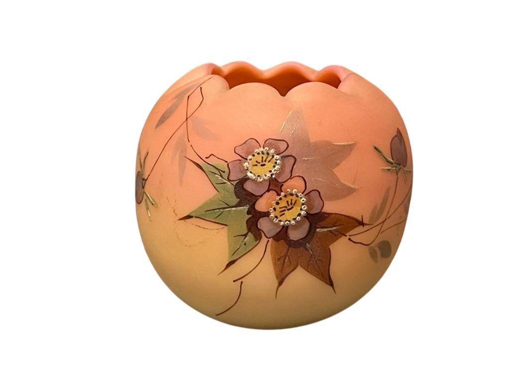 19TH CENTURY THOMAS WEBB & SONS BURMESE PEACH GLOW URANIUM GLASS HAWTHORNE FLOWER BOWL: THOMAS WEBB & SONS WAS AN ENGLISH GLASS COMPANY FOUNDED IN 1837, SMALL YELLOW TO SALMON COLORED FLOWER BOWL WITH HAND ENAMELED FLORAL DESIGN, GLOWS UNDER BLACK LIGHT, NO CRACKS OR CHIPS 2 1/4" H