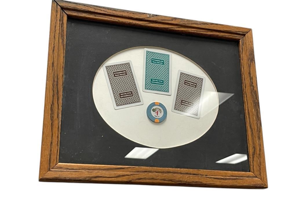 FITZGERALD RENO, NV CASINO / HOTEL POKER CARDS AND $1 CHIP: COLLAGE OF POKER CARDS AND POKER CHIP, FRAMED 16" X 13" FRAME