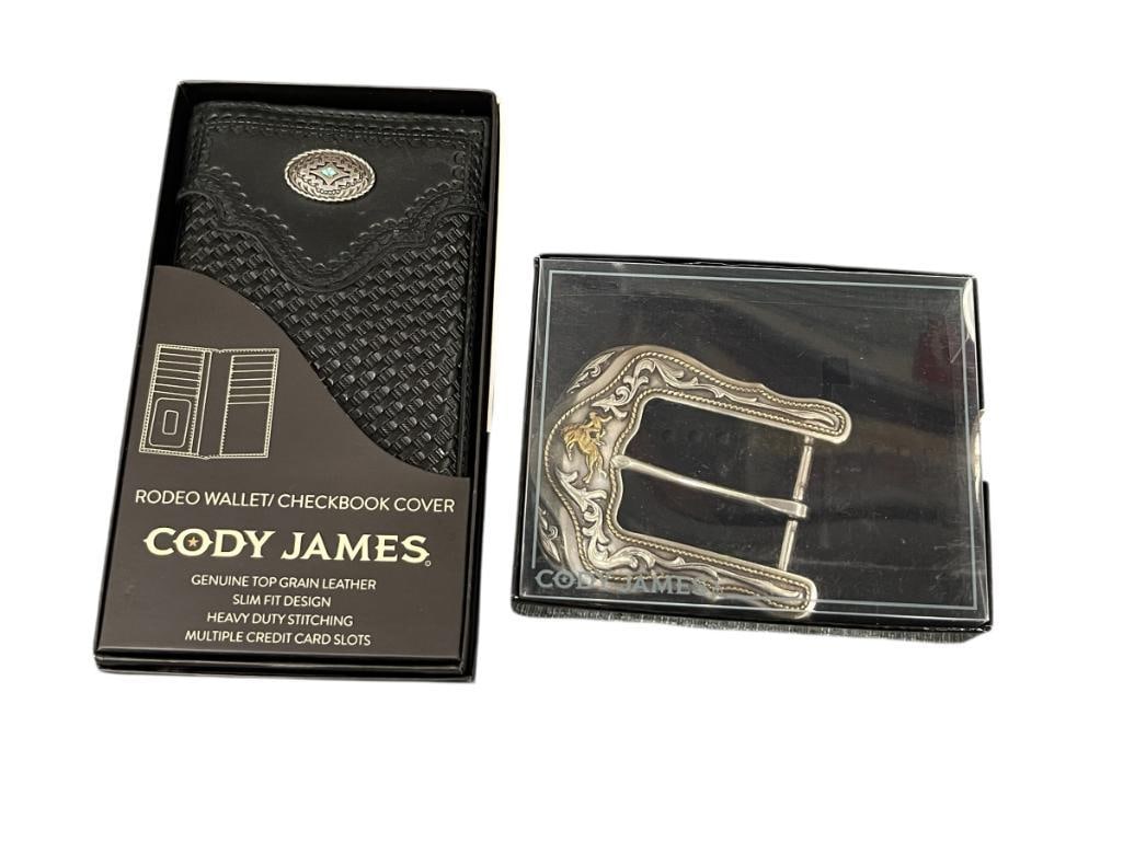 CODY JAMES WESTERN BRONC RIDER BUCKLE AND RODEO WALLET / CHECKBOOK COVER: TOOLED BLACK LEATHER WALLET, BOTH NEW IN THE BOX 6 5/8" X 3 5/8" WALLET, 3 1/2" BUCKLE