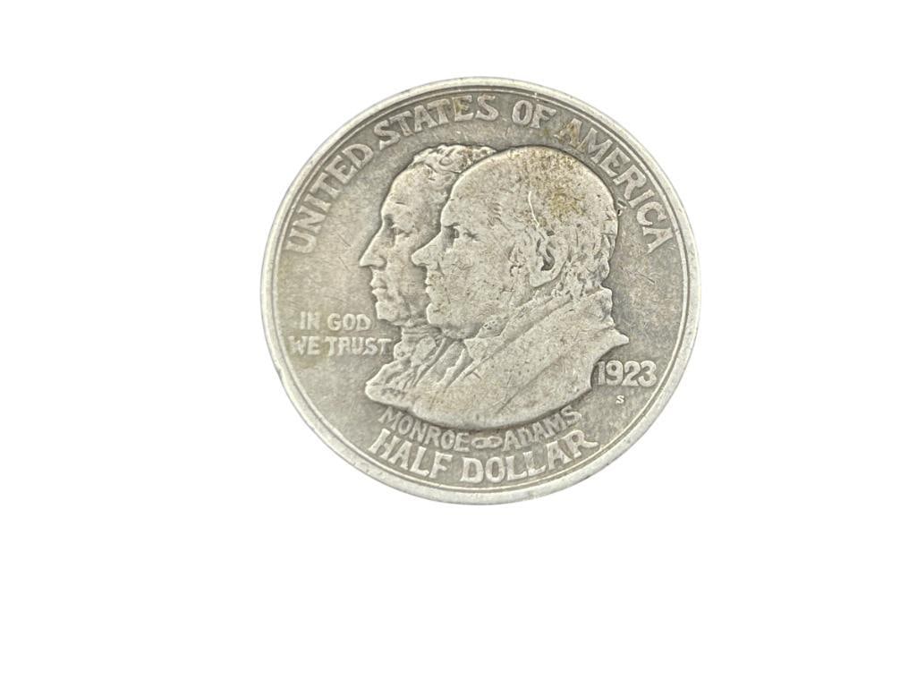 1923-S U.S. MONROE DOCTRINE 90% SILVER HALF DOLLAR: MONROE DOCTRINE CENTENNIAL COIN FEATURING MONROE AND ADAMS