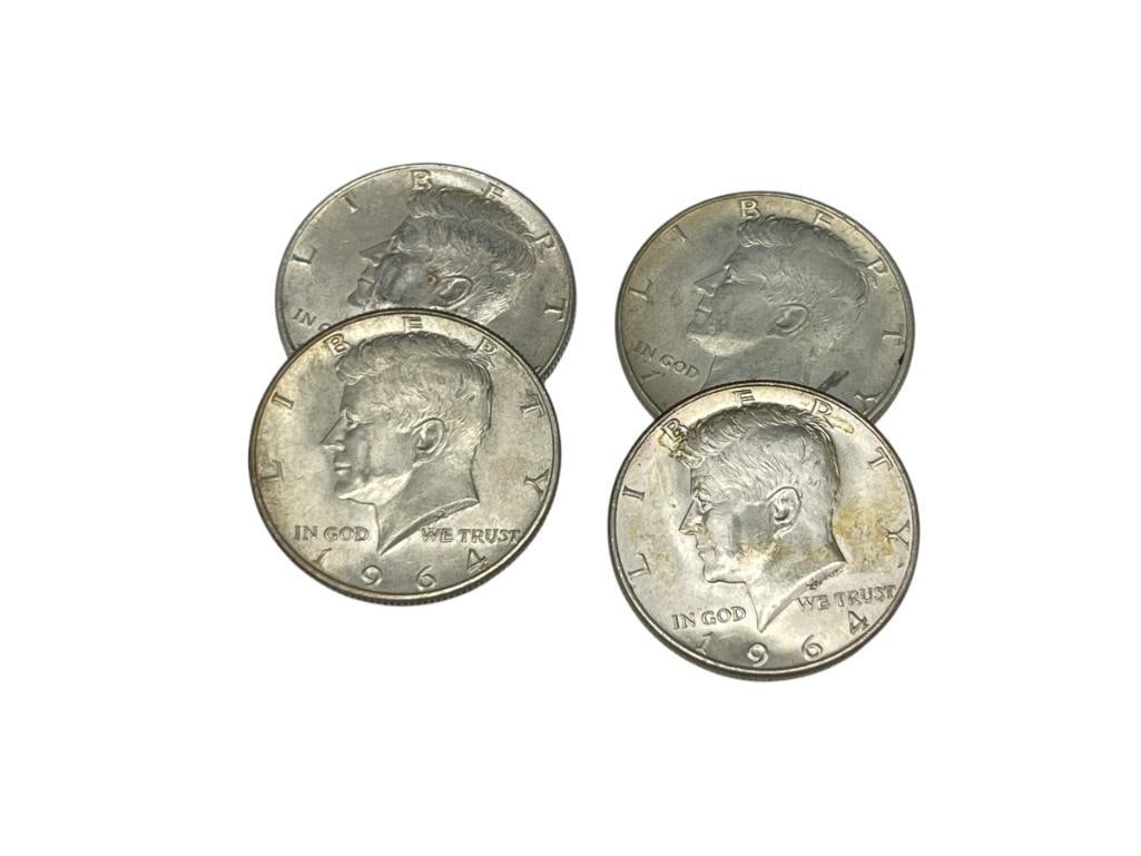 FOUR UNCIRCULATED 1964 U.S. KENNEDY 90% SILVER HALF DOLLARS (1 of 7)