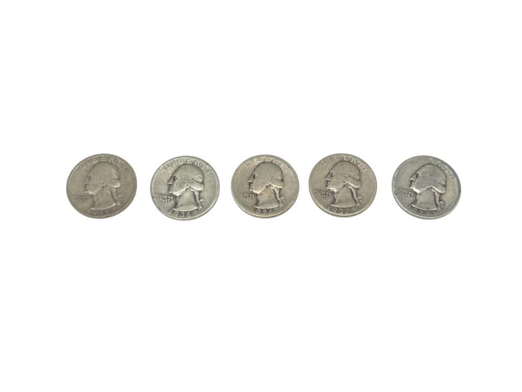 FIVE U.S. WASHINGTON SILVER QUARTERS FROM THE 1930'S (1 of 8)