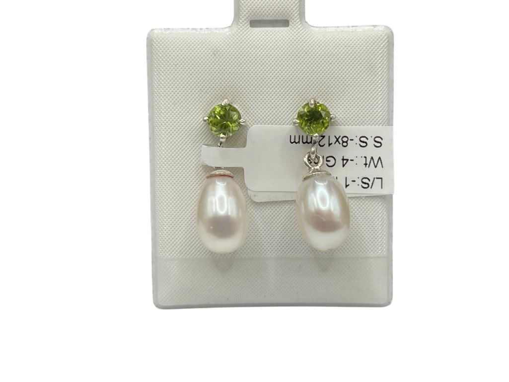STERLING SILVER PERIDOT AND FRESHWATER PEARL DROP EARRINGS: 1", 12MM PEARLS, 4.0 GRAMS