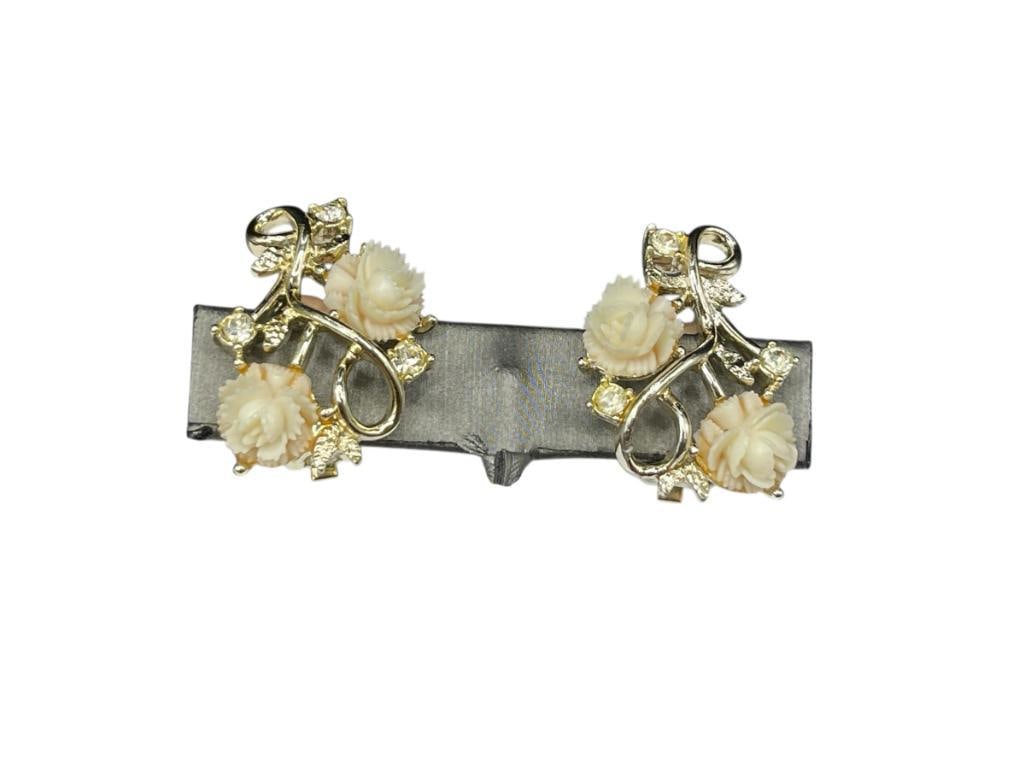 DESIGNER SIGNED EMMONS ( CHARLES H. STUART ) GOLD TONE CLIP-BACK EARRINGS WITH ROSES AND RHINESTO...: 1 1/8"