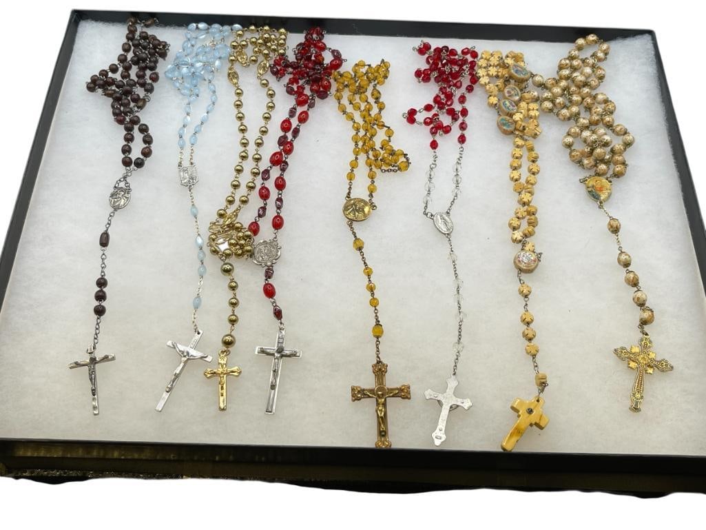 EIGHT ROSARIES, ONE CROSS HAS STANHOPE WINDOW WITH VISION OF MARY: GREAT RELIGIOUS JEWELRY COLLECTION