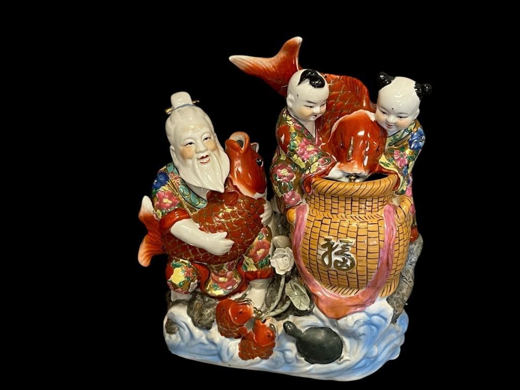 VINTAGE CHINESE PORCELAIN SCULPTURE OF TONG ZI LUCKY CHILDREN WITH KOI FISH AND BEARDED ELDER (1 of 20)