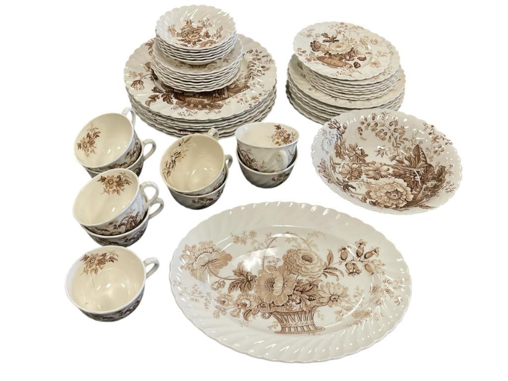 RIDGWAY ROYAL STAFFORDSHIRE DINNERWARE CHARLOTTE PATTERN: PATTERN WAS ENGRAVED FROM ORIGINAL DRAWINGS BY J. CULIS A DESIGNER IN THE 1800'S, REPRODUCED IN ROYAL STAFFORDSHIRE DINNERWARE, INCLUDES 49 PIECES, SIX PIECE SETTING FOR 6 PLUS, WITH SERVING BOWL AND