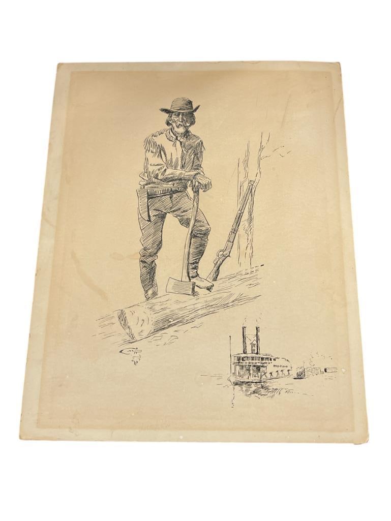 CHARLES M. RUSSELL BLACK AND WHITE SKETCH PRINT THE TRAIL BLAZERS CIRCA 1970'S (1 of 9)