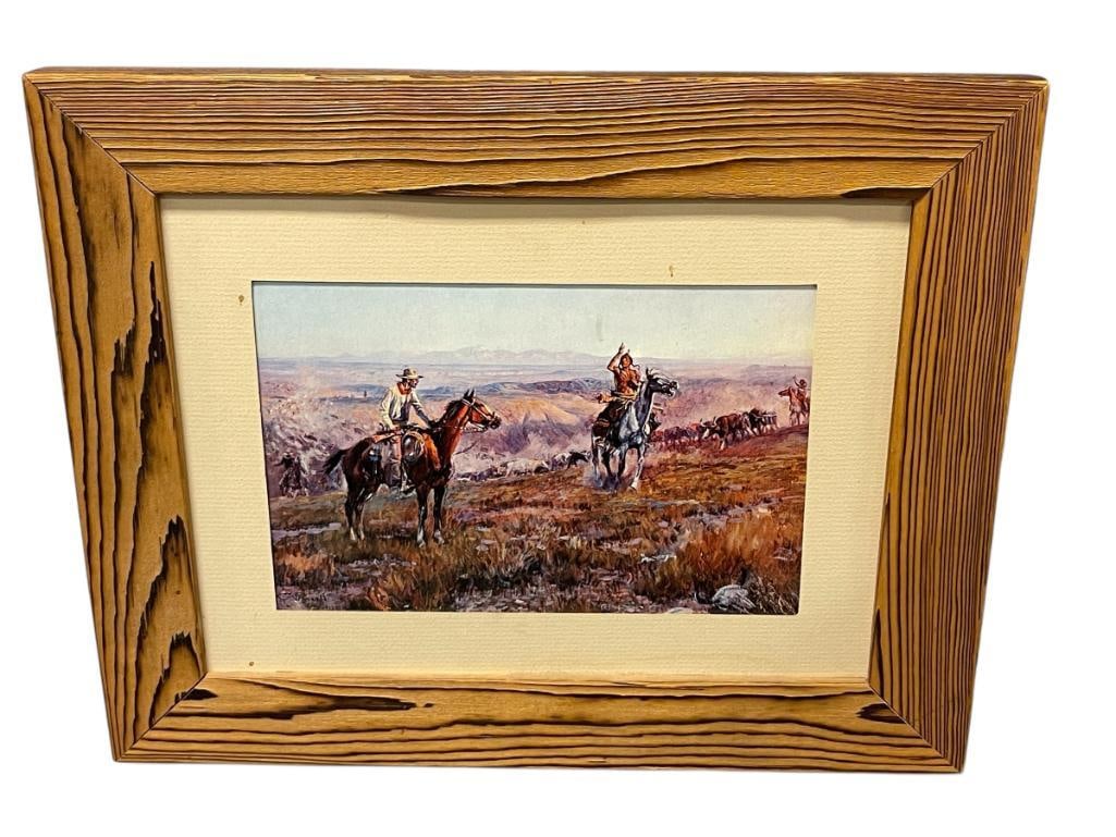 CHARLES M. RUSSELL RENOWN AMERICAN WEST ARTIST PRINT: CHARLES M. RUSSELL (1864-1926) RENOWN AMERICAN ARTIST PRINT, ART DEPICTS NATIVE AMERICAN MAN AND COWBOY ON HORSEBACK CONVERSING WITH CATTLE IN BACKGROUND, PLATE SIGNED LOWER LEFT, FRAMED 15 3/4" X 12 