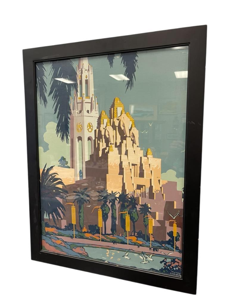 IRVING SINCLAIR CALIFORNIA ARTIST SILKSCREEN 1939 GOLDEN GATE EXPOSITION ELEPHANT TOWER: IRVING SINCLAIR (1895-1969) BRITISH COLUMBIA-CALIFORIA ARTIST KNOWN FOR HIS PORTRAITS AND ALSO COMMERCIAL ARTIST, SILKSCREEN ART OF 1939 GOLDEN GATE INTERNATIONAL EXPOSITION'S ELEPHANT TOWER, PLATE SI
