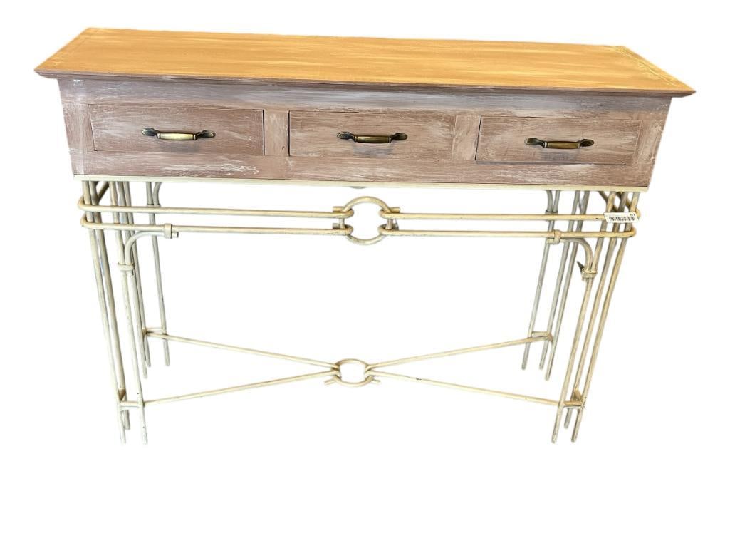 DISTRESSED MAUVE WOOD CONSOLE TABLE WITH THREE DRAWERS AND BEIGE COLORED METAL ROD BASE: 45 1/2" X 13 1/2" X 34 1/2"