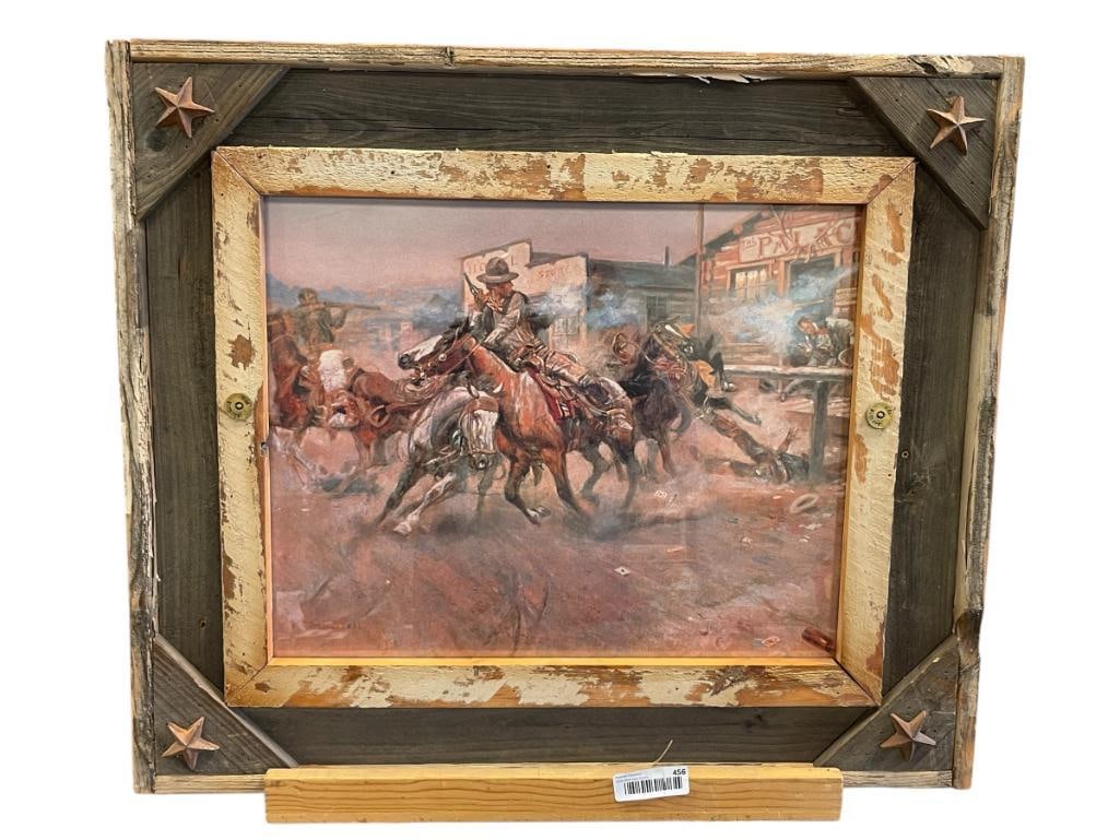 CHARLES M. RUSSELL RENOWN WESTERN ARTIST PRINT TITLED SMOKE OF A .45: CHARLES M. RUSSELL (1864-1926) RENOWN AMERICAN WESTERN ARTIST, ART DEPICTS MAN ON HORSEBACK SHOOTING A .45 REVOLVER WITH SPOOKED HORSES IN FRONT OF A SALOON, PLATE SIGNED, RUSTIC RECLAIMED WOOD FRAME