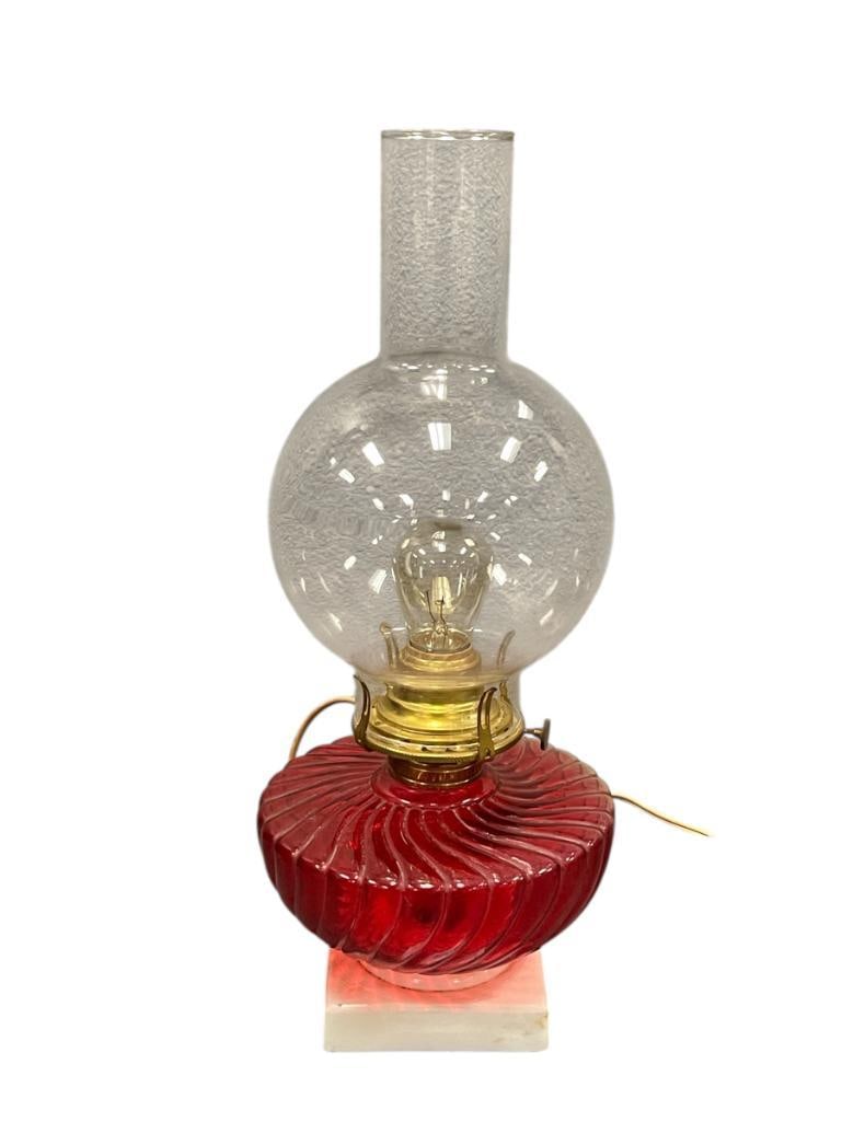 VINTAGE ELECTRIFIED RUBY RED REVERSE SWIRL GLASS OIL LAMP WITH MILK GLASS BASE (1 of 8)