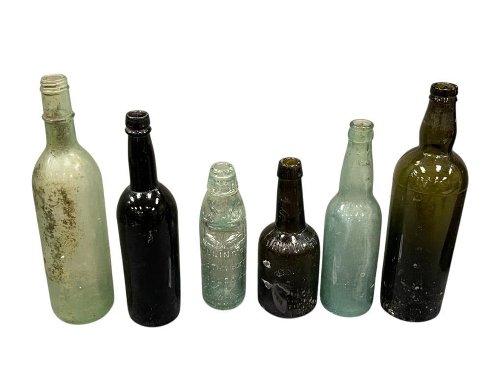 SIX ANTIQUE "DUG-UP" OLIVE GREEN AND AQUA GLASS BOTTLES (1 of 15)