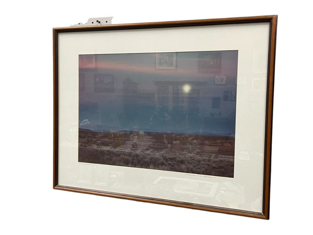 LINDA DUFERRENA WINNEMUCCA, NV PHOTOGRAPHER PHOTOGRAPH TITLED MOONRISE ON THE SHELDON: LINDA DUFERRENA (B. 1937) IS A RENOWN PHOTOGRAPHER BASED IN WINNEMUCCA, NV, BEST KNOWN FOR CAPTURING THE BEAUTY OF RURAL NEVADA, PHOTOGRAPH SHOWS RURAL LANDSCAPE SCENE, SIGNED LOWER LEFT, FRAMED 27" X