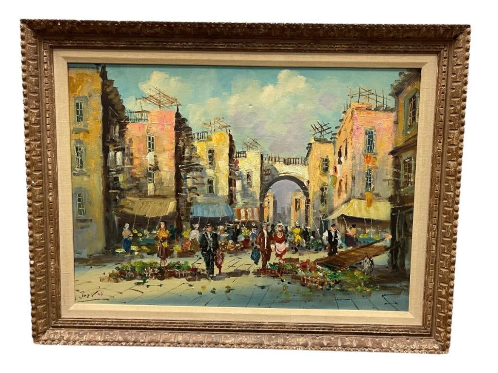 SIGNED ORIGINAL OIL ON CANVAS IMPRESSIONIST EUROPEAN CITY STREET SCENE: PAINTING DEPICTS A BUSTLING EUROPEAN MARKET SCENE WITH ARCHWAY AND BUILDINGS, SIGNED LOWER LEFT, FRAMED 33 1/4" X 25 1/4"