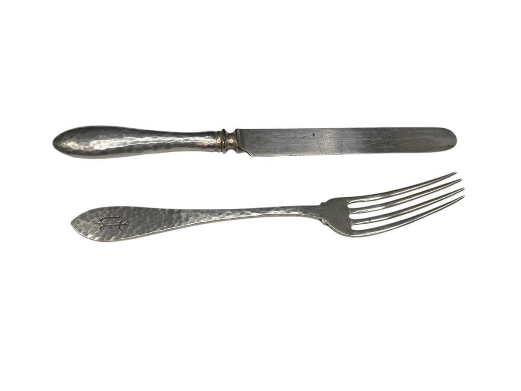 ANTIQUE H. MORTON & CO. HAMMERED STERLING SILVER KNIFE AND FORK SET (1 of 5)