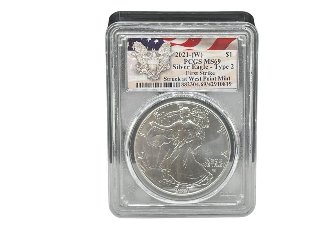 2021-W AMERICAN SILVER EAGLE .999 FINE SILVER DOLLAR PCGS MS69 TYPE 2 FIRST STRIKE (1 of 7)