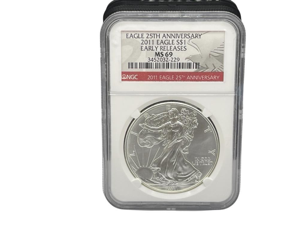 2011 AMERICAN SILVER EAGLE .999 FINE SILVER DOLLAR NGC MS69 EARLY RELEASES 25TH ANNIVERSARY (1 of 8)