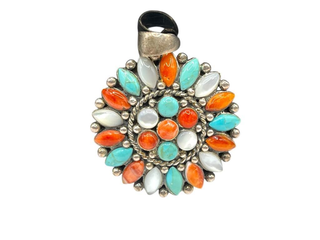STERLING SILVER DESIGNER HALLMARKED CORAL, TURQUOISE, AND MOTHER OF PEARL PENDANT: FEATURING A FLOWER LIKE DESIGN WITH VIBRANT TURQUOISE AND CORAL STONES 2", 20.50 GRAMS
