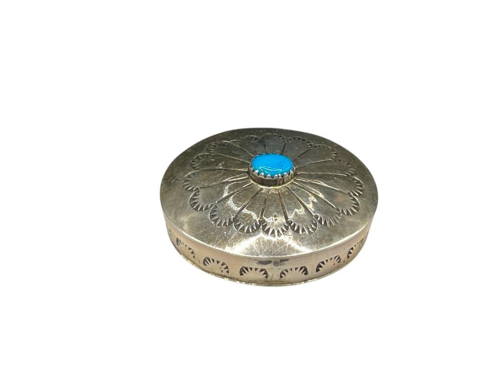 VINTAGE NAVAJO STERLING SILVER TURQUOISE AND STAMPED DESIGN PILL BOX (1 of 6)
