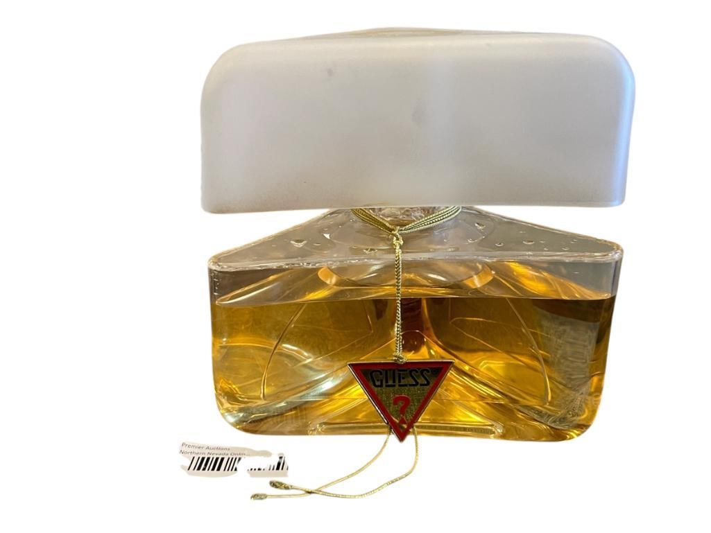 DEPARTMENT STORE PERFUME / PARFUME FACTICE GUESS BY MARCIANO LARGE DISPLAY FRAGRANCE BOTTLE: EAU DE PARFUME FACTICE BOTTLE, PLASTIC / ACRYLIC, CONTENTS ARE OF COLORED WATER 7" H