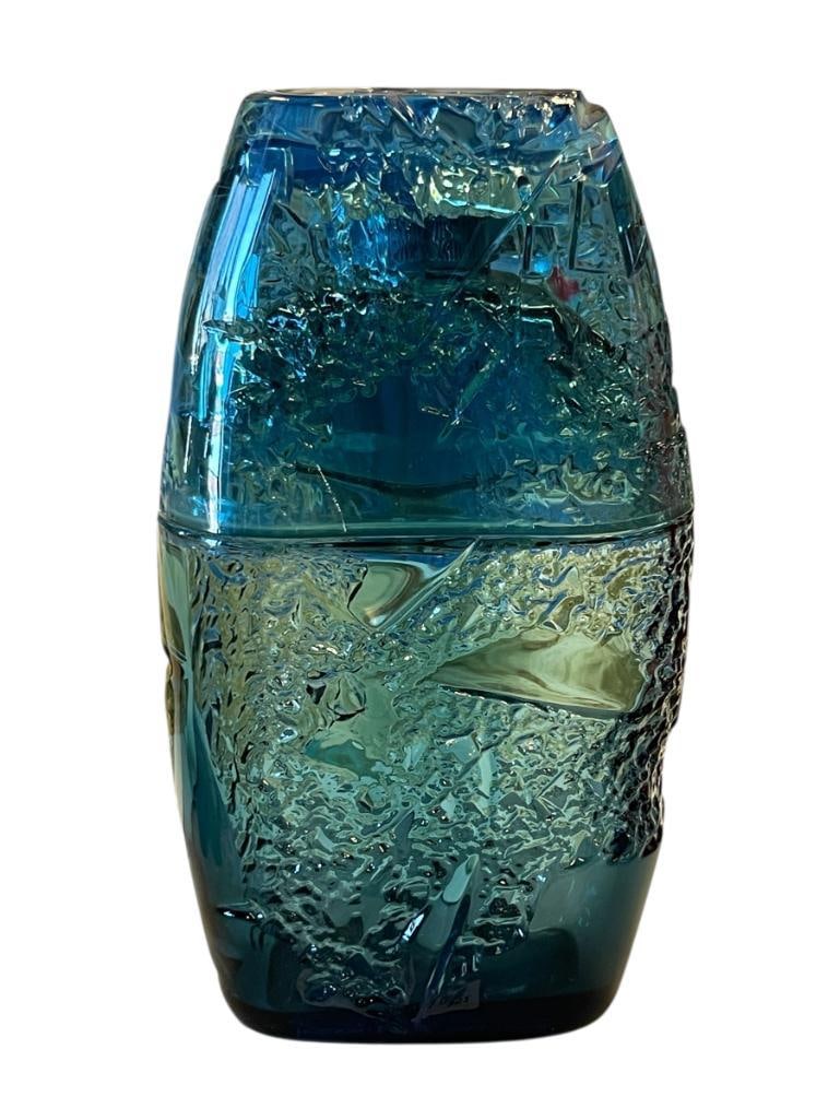 DEPARTMENT STORE PERFUME / PARFUME FACTICE HORIZON BY GUY LAROCHE LARGE DISPLAY FRAGRANCE BOTTLE: INTRODUCED IN 1993 BLUE ICY DESIGN GLASS BOTTLE WITH PLASTIC CAP, EMPTY 11 1/4" H