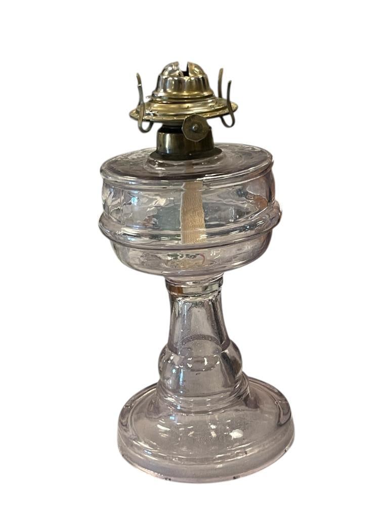 ANTIQUE SUN PURPLED GLASS OIL LAMP: ROUND BASE AND FONT, P&A BURNER, NO CHIMNEY, NO CHIPS OR CRACKS 10" H
