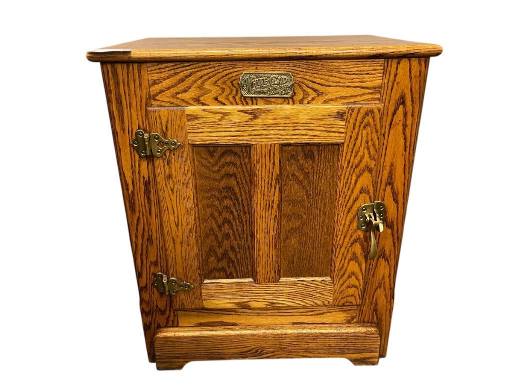 WHITE CLAD CONTEMPORARY SOLID OAK ICE BOX STYLED SIDE CABINET: ORIGINAL BRASS HARDWARE WITH NAME PLATE 21 1/2" X 16" X 26"
