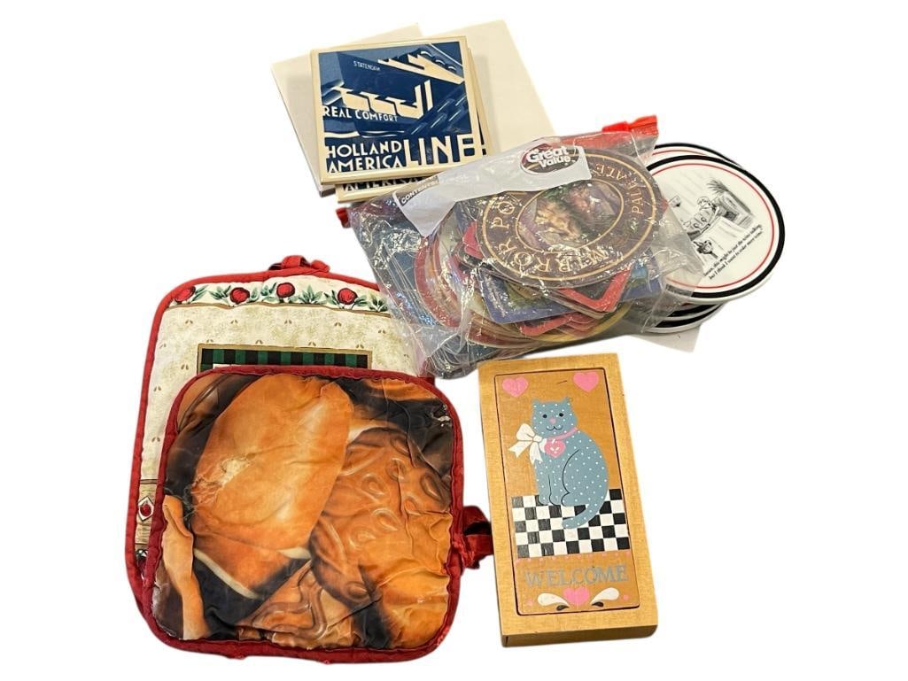 ASSORTED HOME DECOR COLLECTIBLES INCLUDING HOLLAND AMERICA LINE COASTERS AND MORE: ALSO INCLUDES BEER ADVERTISING COASTERS, COMICAL CERAMIC COASTERS, AND MORE