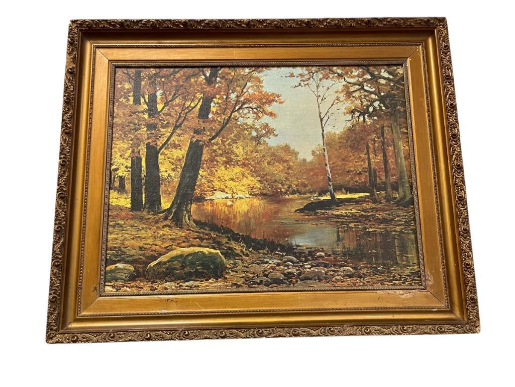 ROBERT WILLIAM WOOD BRITISH-AMERICAN ARTIST PRINT ON CANVAS: ROBERT WOOD (1889-1979) WAS A PROMINENT ARTIST IN THE 1950'S, ART DEPICTS AUTUMN FOREST LANDSCAPE, PLATE SIGNED LOWER LEFT, HAS BEEN PREVIOUSLY REPAIRED BOTTOM RIGHT, FRAMED 29" X 34" FRAME