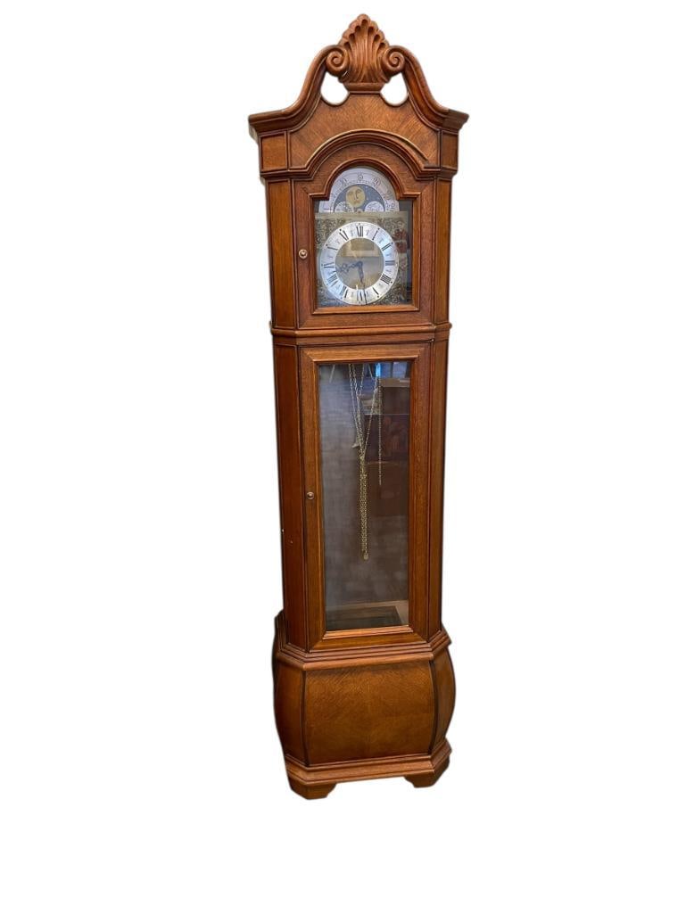 LONGCASE GRANDFATHER CLOCK IN MAHOGANY WITH BRASS DIAL, WEIGHTS, AND PENDULUM (1 of 12)