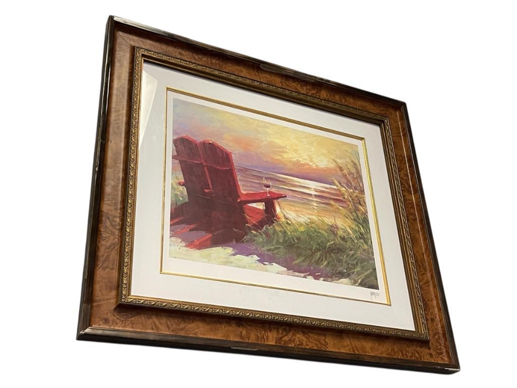 MARKO MAVROVICH SERIGRAPH TITLED IT GETS BETTER: ART DEPICTS EMPTY CHAIR WITH WINE GLASS LOOKING FORWARD AT A SUNSET, SIGNED LOWER RIGHT, INFO ON THE BACK, FRAMED 34 1/2" X 30 1/2"