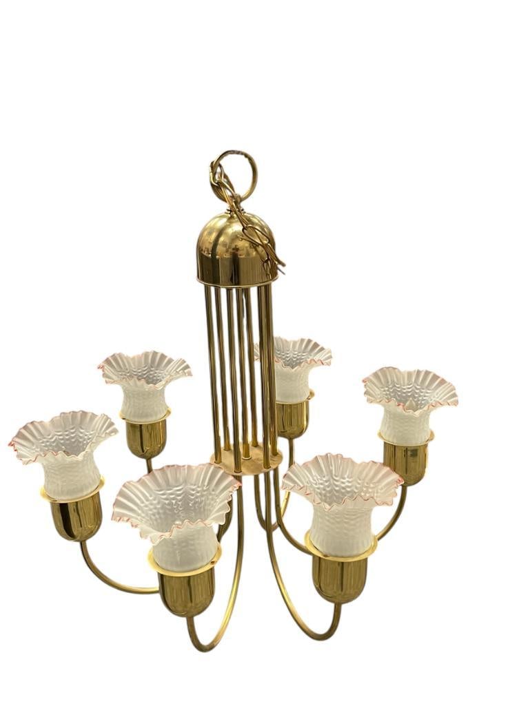 VINTAGE 1980'S SIX-ARM BRASS CHANDELIER WITH FROSTED GLASS FLUTED SHADES: CHANDELIER FEATURES SIX-ARMS WITH FROSTED, CRANBERRY CREST FLARED SHADES, TESTED + 24" ROUND, 23 1/2" H